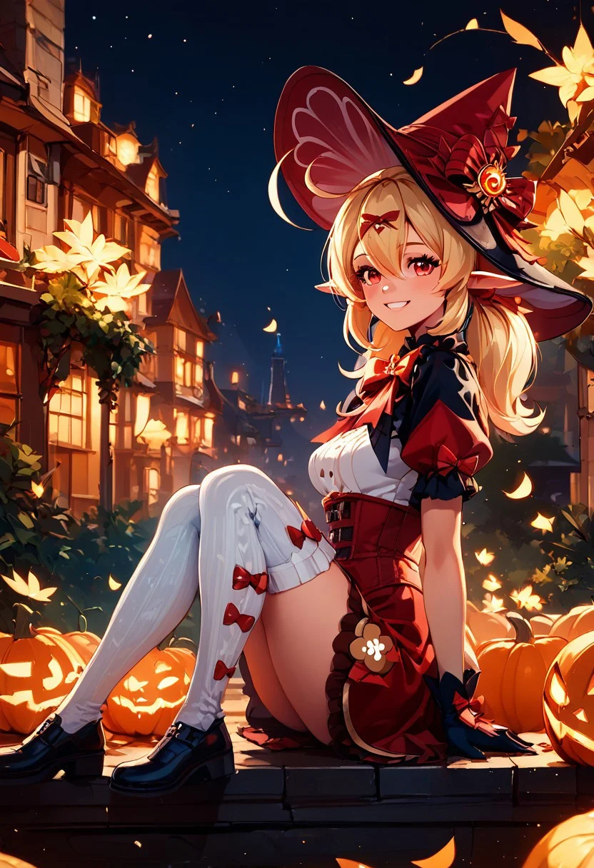 score_9, score_8_up, score_8, medium breasts, (curvy), cute, eyelashes,
,,,
zzKlee, hair between eyes, red eyes, ahoge, blonde hair, long hair, low twintails, pointy ears, twintails, witch hat, bow, gloves, short sleeves, black gloves, alternate costume, sidelocks, hat bow,
,,,
BREAK, zzEiffelTower in background, sitting, watercraft, boat, sitting on wall, side view, looking at viewer, smile,
,,,
BREAK,
night, glowing, pumpkins, blooming stars, luminescent petals, otherworldly fragrance blurry background,
,,,
zPDXL, Expressiveh,