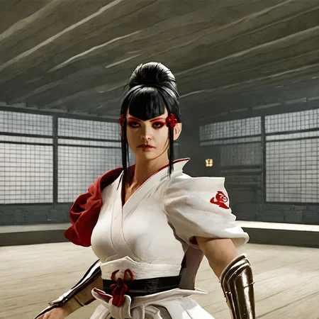 cinematic film still, saturated colors, negative space, 
1 adult woman, 
TKNKZMI, black hair, blunt bangs, 

(breaking bad style), face of Marie Schrader, (solo female focus), 
red eyeshadow, sidelocks, hair ornament, hair bun, white kimono, arm guards,

leading lines, 
backdrop is DOJO, scenery,
