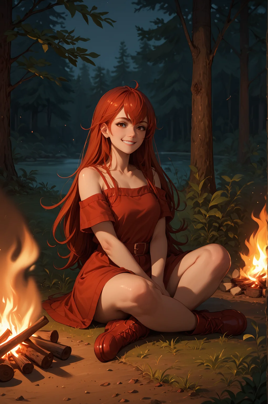 score_9, score_8_up, score_7_up, score_6_up, score_5_up, score_4_up, (high quality, detailed, beautiful) <lora:CierraFinalMaybe_epoch_8:0.99> cierra_riviera, red_hair, long_hair, sitting, smile, campfire,