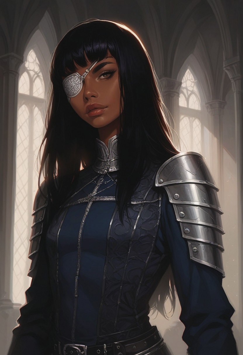 score_9, score_8_up, score_7_up, score_6_up, solo, dark hair, tan skin, (big lips:0.8), bangs, blue shirt, sleeves, small breasts, indoors, castle, dark eyebrows, proud, detailed, confident, toned body, belts, duelist, elegant, fancy clothing, (close up:1.2), g0thicPXL, shoulder armor, black armor, intricate, sunlight, portrait,  fully clothed, silver cape, eyepatch, fine details, realistic, skinny
