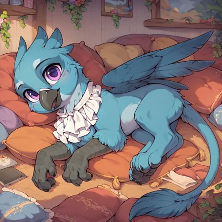masterpiece, score_9, score_8_up, score_7_up, (best quality:1.1), ultra-detailed, high resolution, solo, 1character, Ondska, griffon, avian, feral, male, (((beautiful detailed purple eyes))), black beak, pastel blue feathers, noble clothes, white ascot, inside, cozy living room, Sleeping, lying on side, pillows, full body, highly visible, sharp focus, perfect lighting, shiny, anatomically correct, extremely detailed, shine on body, high detail, cute, Expressiveh, detailed background
