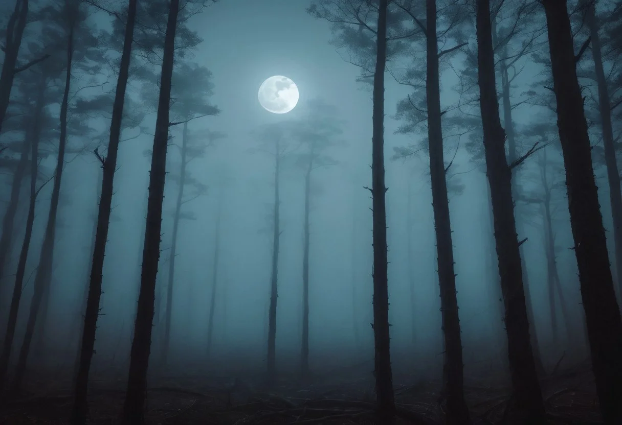 there's a forest with a creepy vibe, the full moon had risen in the night sky, pretty foggy around the trees that are crooked and bendy, with ground that is shaking to the core, with roots that peeks out