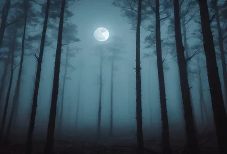 there's a forest with a creepy vibe, the full moon had risen in the night sky, pretty foggy around the trees that are crooked and bendy, with ground that is shaking to the core, with roots that peeks out