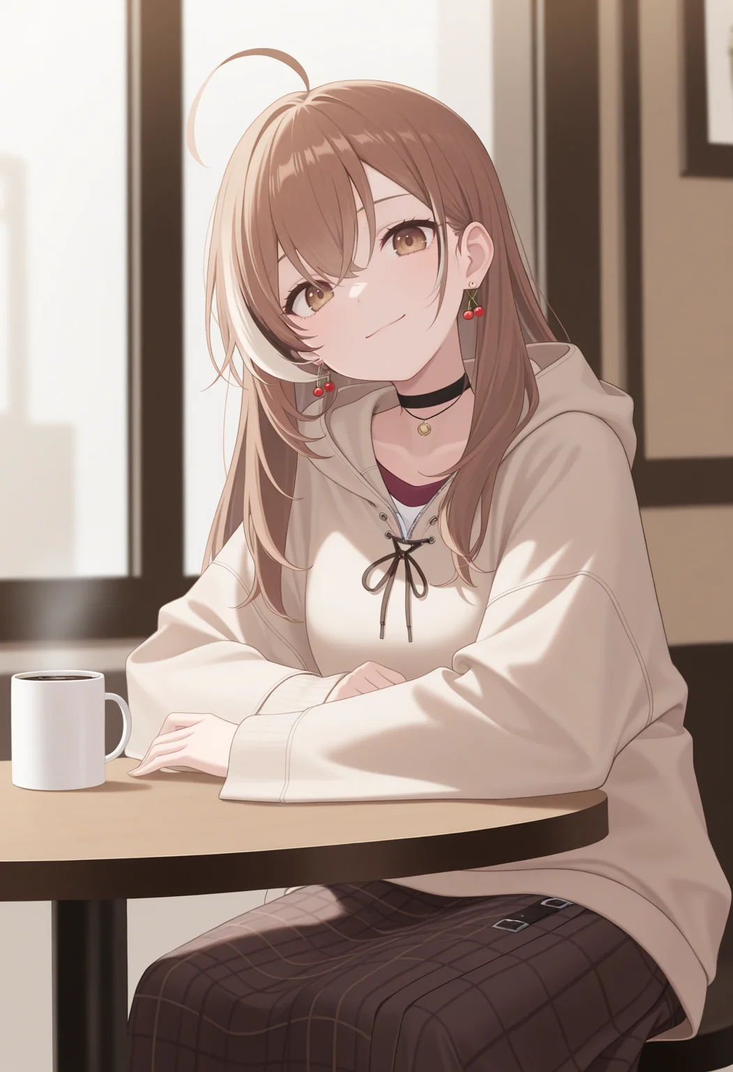 masterpiece, best quality, 1girl, solo, N4nashiCas, brown eyes, brown hair, long hair, streaked sidelocks, ahoge, cherry earrings, black choker, oversized hoodie, beige hoodie, animal hood, wide sleeves, long skirt, high-waist skirt, plaid skirt, brown skirt, indoors, cafe, sitting, table, cup, coffee mug, arm rest, smile, head tilt, <lora:ChamNanashiMumeiIllustriousXL:1>