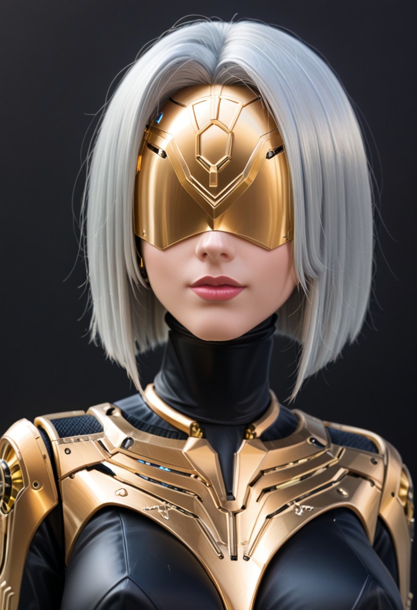 A 35mm photo of a beautiful robotic woman, she has a faceless robotic head, robot, silver hair, smooth metallic featureless feminine body, black colour with gold accents
no face