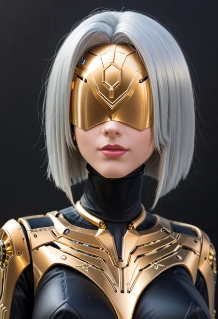 A 35mm photo of a beautiful robotic woman, she has a faceless robotic head, robot, silver hair, smooth metallic featureless feminine body, black colour with gold accents
no face