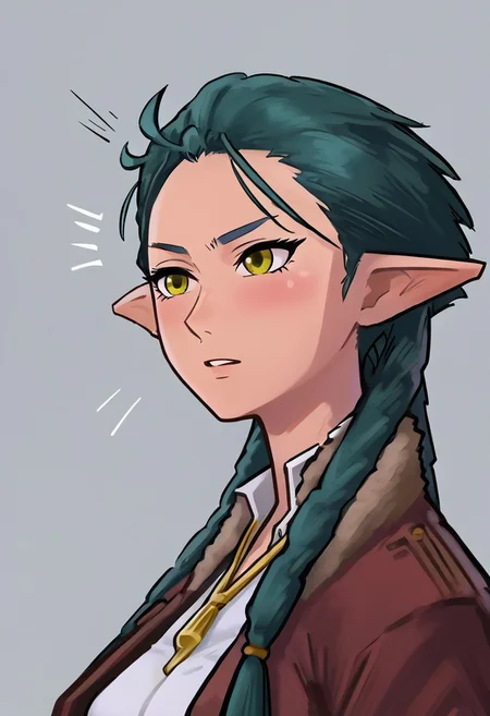 solo, Petra, green eyes, blue hair, pointy ear, twintails, open jacket, brown jacket, fur-trimmed jacket, black boots, black pants shirt, white shirt, (medium breasts, skinny female, gold necklace, close up, looking at viwer:1.4, boring hands, from side, movement lines, grey background