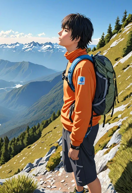 Highres, Masterpiece, High Quality, 4K, Yuusuke Fujisaki, 1boy, solo, black hair, hiking gear, hiking to the mountain, top of mountain, Realistic Light, candid photo