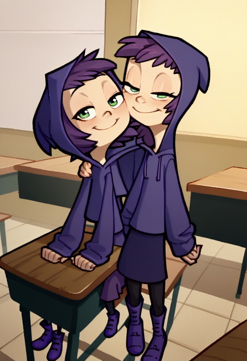 score_9, score_8_up, score_7_up, score_6_up, score_5_up, score_4_up, 2 girls in image, sitting on desks, smiling, looking at viewer, arms around each other, friends, 
BREAK, 
1 girl, square head, green eyes, squinch, round eyes, long hair, dark blue hair, dark blue dress sweater, black leggings, small black boots, 
BREAK
1 girl, short hair, purple hair, long eyelashes, purple hoodie, purple skirt, purple shoes, , hood up