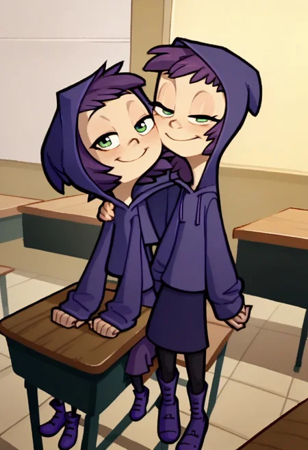 score_9, score_8_up, score_7_up, score_6_up, score_5_up, score_4_up, 2 girls in image, sitting on desks, smiling, looking at viewer, arms around each other, friends,
BREAK,
1 girl, square head, green eyes, squinch, round eyes, long hair, dark blue hair, dark blue dress sweater, black leggings, small black boots,
BREAK
1 girl, short hair, purple hair, long eyelashes, purple hoodie, purple skirt, purple shoes, , hood up