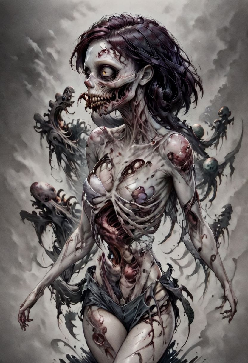 score_9, score_8_up, score_7_up, 8k, clean, clear details, no background, 1 girl, zkeleton, darktattoo, busty, cute, Ariel, ral-zmbyz, casual outfit, being bit by zombie, emerging from body, eat