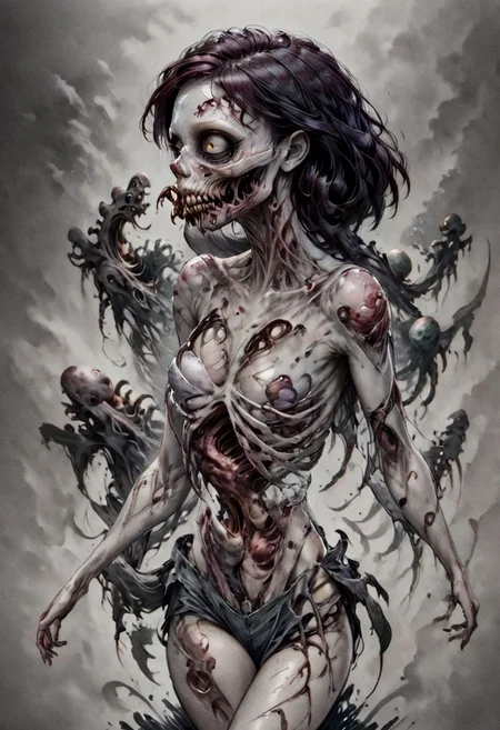 score_9, score_8_up, score_7_up, 8k, clean, clear details, no background, 1 girl, zkeleton, darktattoo, busty, cute, Ariel, ral-zmbyz, casual outfit, being bit by zombie, emerging from body, eat