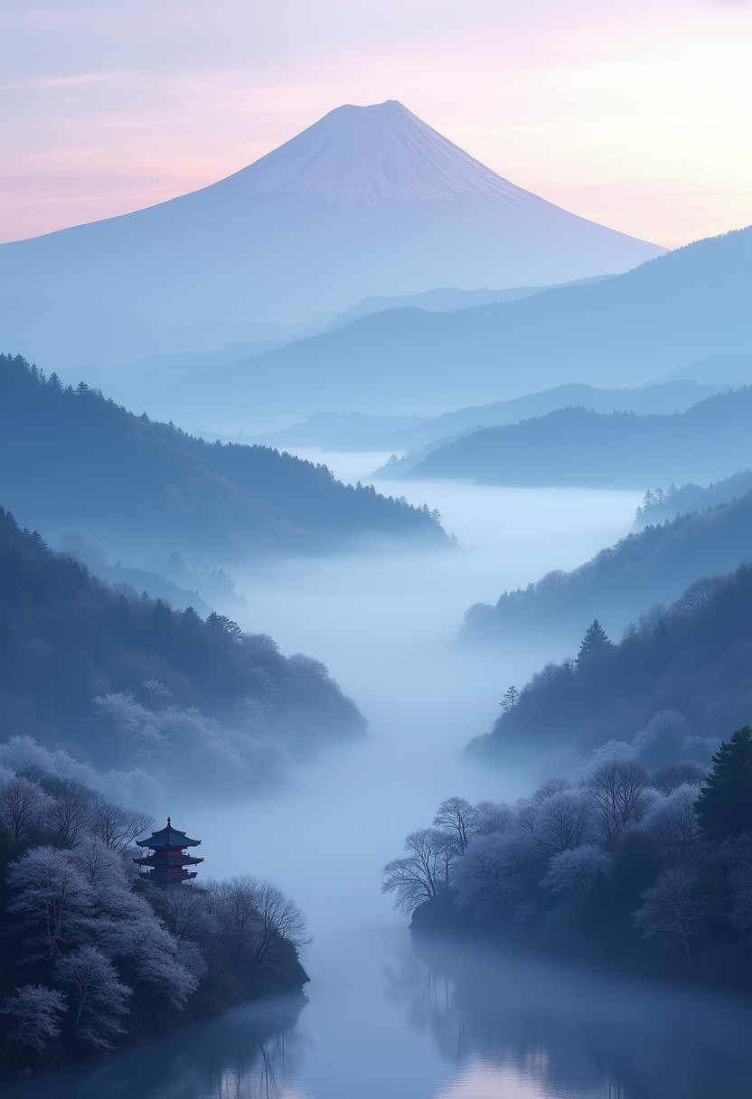 Imagine a mesmerizing landscape at dawn in Japan, with tiered, mist-covered mountain ranges stretching into the distance, each layer appearing more ethereal and bluish in hue. The sky is softly transitioning from deep purples to muted blues and greys as the sun begins to rise. A serene lake lies at the base of the mountains, reflecting the misty peaks and the surrounding muted, green forest. Delicate cherry blossom trees are faintly visible, their pale petals blending into the misty backdrop. Ancient Japanese temples or shrines are subtly integrated into the landscape, shrouded by the mist. The entire scene exudes a tranquil, almost otherworldly beauty, dominated by shades of blue and grey, evoking a strong sense of peace and connection with nature.