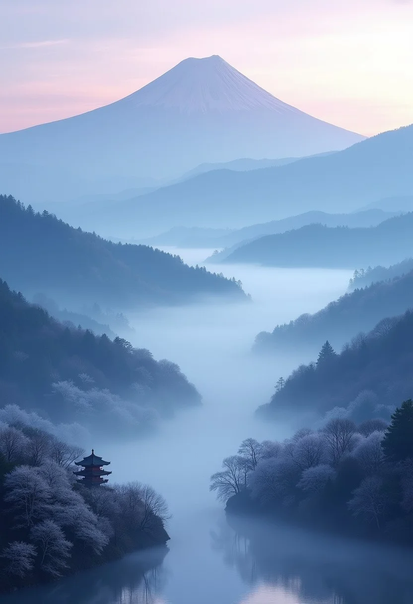 Imagine a mesmerizing landscape at dawn in Japan, with tiered, mist-covered mountain ranges stretching into the distance, each layer appearing more ethereal and bluish in hue. The sky is softly transitioning from deep purples to muted blues and greys as the sun begins to rise. A serene lake lies at the base of the mountains, reflecting the misty peaks and the surrounding muted, green forest. Delicate cherry blossom trees are faintly visible, their pale petals blending into the misty backdrop. Ancient Japanese temples or shrines are subtly integrated into the landscape, shrouded by the mist. The entire scene exudes a tranquil, almost otherworldly beauty, dominated by shades of blue and grey, evoking a strong sense of peace and connection with nature.