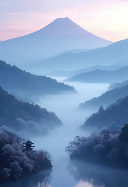 Imagine a mesmerizing landscape at dawn in Japan, with tiered, mist-covered mountain ranges stretching into the distance, each layer appearing more ethereal and bluish in hue. The sky is softly transitioning from deep purples to muted blues and greys as the sun begins to rise. A serene lake lies at the base of the mountains, reflecting the misty peaks and the surrounding muted, green forest. Delicate cherry blossom trees are faintly visible, their pale petals blending into the misty backdrop. Ancient Japanese temples or shrines are subtly integrated into the landscape, shrouded by the mist. The entire scene exudes a tranquil, almost otherworldly beauty, dominated by shades of blue and grey, evoking a strong sense of peace and connection with nature.