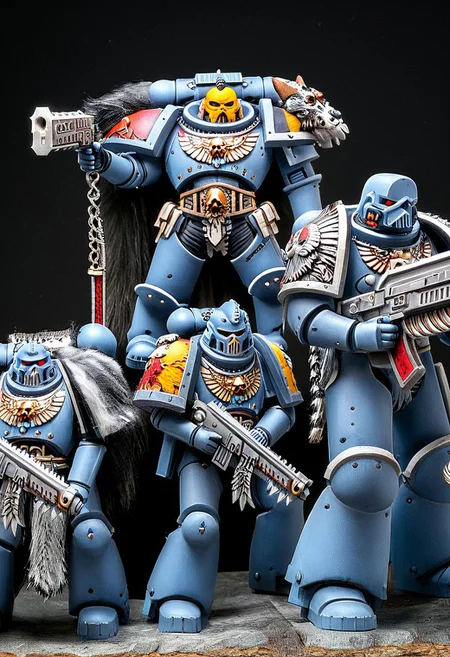 Absurdres, score_9_up, Source: Warhammer40K, Spacewolves Astartes chapter space marines wielding bolter guns, gray power armor with fur trim and astartes helmets, wolf motifs, (masterpiece), best quality, expressive eyes, perfect face, 1, space marine, Painstaking Attention To Details, 1990s \(style\), Vintage, Vintage comic book cover of White Dwarf Tabletop Adventures, project unreal engine, volumetric lighting, perfect anatomy, perfect hands, detailed_eye_model, black background, graffiti, blgstyle, ImperialF40k, <lora:PeopleCountSliderLoRAv1:2.0>, <lora:756af36b-d5fa-496f-b9a1-088c62f0c527:0.7>, <lora:6f3a2b85-aa03-4ab1-9f9a-e816ad4b1121:0.7>, <lora:cf26021c-0e88-4b06-9329-8702e6590716:0.7>, <lora:_raging_flames:0.7>, <lora:warhammerAdeptus_v1:0.7>, <lora:e6084b5e-a05d-475d-8afe-925ae03a434b:2.0>, <lora:b8dcc527-1d03-4fe2-ab9e-341ce407290f:0.7>, , , ,