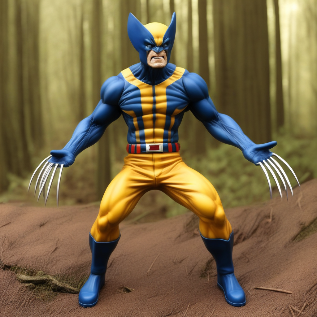 Xbustx , 1figure of Wolverine by X-Men, In Forest , Diminute, toy, ultrarealist,  high definition, 35mm, detailed face, detailed background, 8k,
