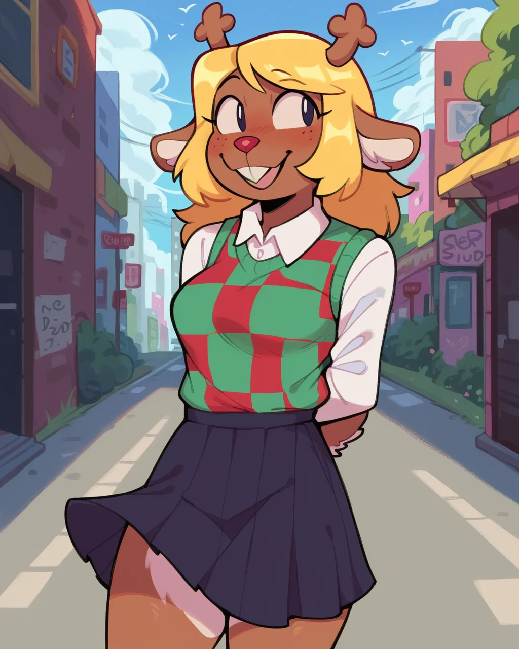 score_9, score_8_up, score_7_up, 1girl, Noelle, noelle holiday from deltarune, deer anthro, brown fur, antlers, buck teeth, red nose, smile, standing, white shirt, black skirt, green and red checkered sweater, looking to side, hands behind back, BREAK, detailed background, urban, outdoors, <lora:Noelle_Deltarune_PDXL:1>