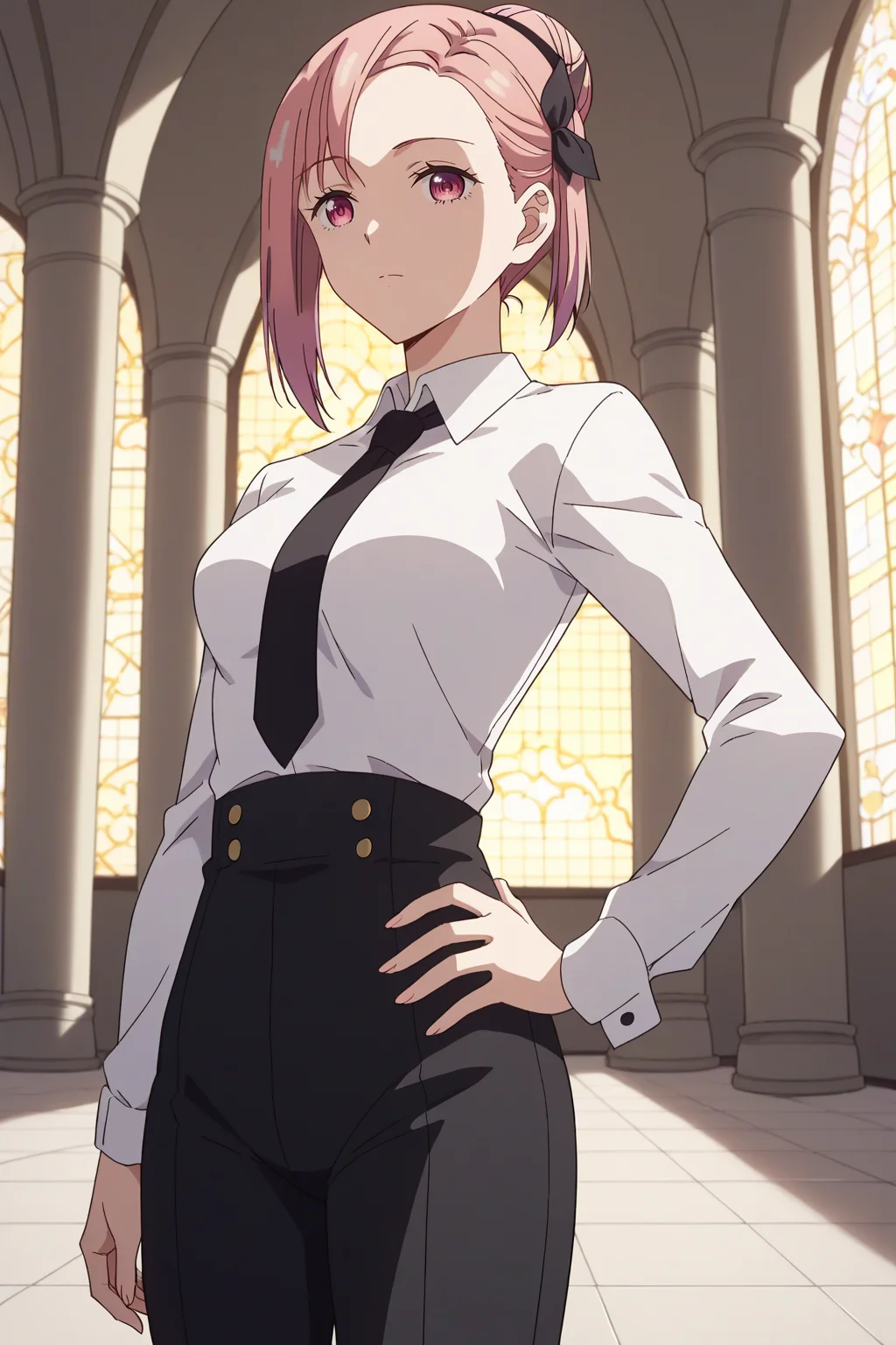 score_9, score_8_up, score_7_up, source_anime, 1girl, prefect lighting, very aesthetic, intricate details, highly detailed background, masterpiece, high quality, prefect hands, best quality, solo,
<lora:Tsubame_Kaguya-sama_Love_Is_War_V1:.85>, KJOtsubame, pink hair, pink eyes, hair bun, hair bow,
White collared shirt, black necktie, black pants, long sleeves,
standing, hand on own hip, from below, looking at viewer, upper body,
mansion, pillars, tile floor, red couch,
(Beautiful, medium Breasts:1.2), natural breasts,