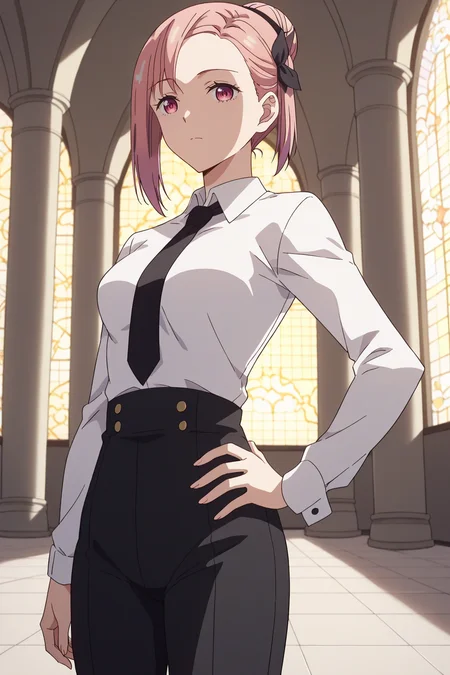 score_9, score_8_up, score_7_up, source_anime, 1girl, prefect lighting, very aesthetic, intricate details, highly detailed background, masterpiece, high quality, prefect hands, best quality, solo,
<lora:Tsubame_Kaguya-sama_Love_Is_War_V1:.85>, KJOtsubame, pink hair, pink eyes, hair bun, hair bow,
White collared shirt, black necktie, black pants, long sleeves,
standing, hand on own hip, from below, looking at viewer, upper body,
mansion, pillars, tile floor, red couch,
(Beautiful, medium Breasts:1.2), natural breasts,