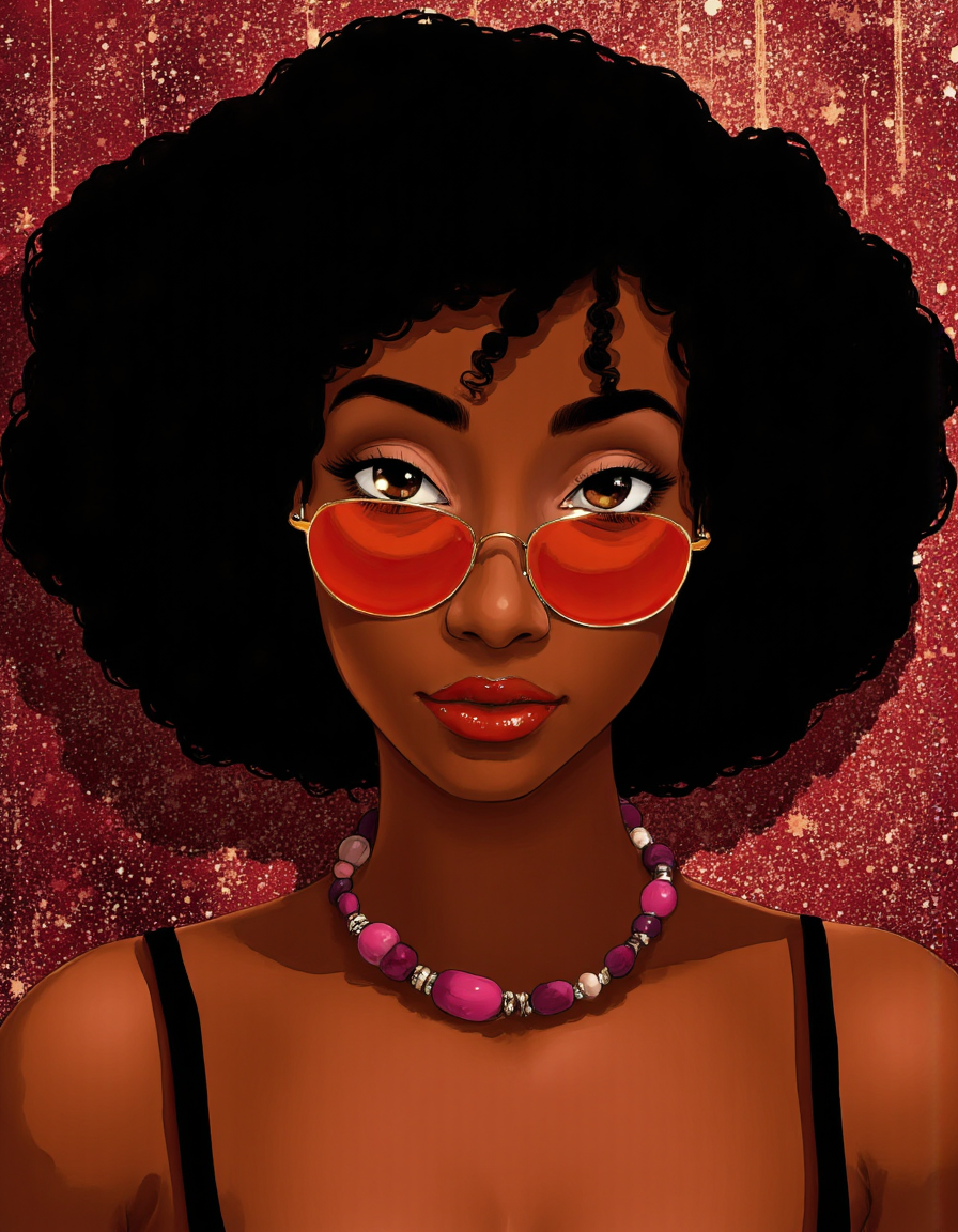  <lora:{cartoonvibes, }cartoonvibes-000019:0.85> cartoonvibes, woman, portrait,  stylized, illustration,  dark skin, curly, voluminous hair,  orange/pink aviator sunglasses,  red lipstick, detailed,  beaded necklace,  shoulder-length top,  rich, earthy tones (reds, browns, dark tones),  sparkly, glittering effect, studded background,  impressionistic style,  bokeh effect,  glowing eyes,  confident expression,  outdoors,  sunlight,  fashion illustration . 35mm photograph, film, bokeh, professional, 4k, highly detailed