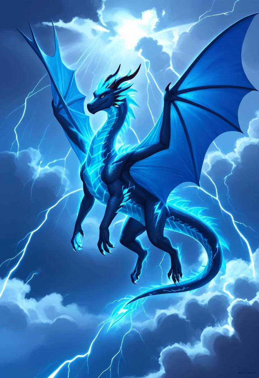 score_9, score_8_up, score_7_up, score_6_up, BREAK, mythical-dragon, lightning-dragon, black-dragon, ((glowing ombre from PURPLE to BLUE wings)), sheer wings, star-like patterns on the head, dragon horns, large eyes, (main body is black and dark gray), intricate wing details, claws, powerful pose, purple-blue glow, fantasy-dragon, elegant tail, sci-fi dragon, detailed head, detailed face, BREAK, (main body is mostly black, with glowing purple and blue details), BREAK, flying in a storm, magic, scifi, (stormy cloud background), tornado, purple-blue lightning, BREAK, high-detail, 8k resolution, artstation quality, digital painting style, (masterpiece), ((dragon body)).