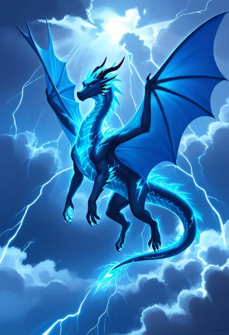score_9, score_8_up, score_7_up, score_6_up, BREAK, mythical-dragon, lightning-dragon, black-dragon, ((glowing ombre from PURPLE to BLUE wings)), sheer wings, star-like patterns on the head, dragon horns, large eyes, (main body is black and dark gray), intricate wing details, claws, powerful pose, purple-blue glow, fantasy-dragon, elegant tail, sci-fi dragon, detailed head, detailed face, BREAK, (main body is mostly black, with glowing purple and blue details), BREAK, flying in a storm, magic, scifi, (stormy cloud background), tornado, purple-blue lightning, BREAK, high-detail, 8k resolution,  artstation quality, digital painting style, (masterpiece), ((dragon body)).