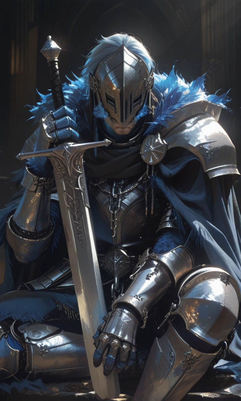 warrior possibly a knight wearing armor sitting and holding a sword. tattered blue fur cape, armor intricately designed various silver metal plates and chains. The warrior's face is covered,shaped visor.  dark emphasizing the warrior.  dramatic lighting, lowkey, dark<lora:- iLL - the_edgy_mech_V2.0-step000013500:.8>