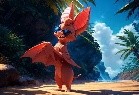 score_9, score_8_up, score_7_up, (best quality:1.1), ultra-detailed, great quality, anthro, high resolution, (((8k))), 1girl, bat, bat girl, day time, animal ears, bat ears, seductive look, side view, foxglove bat, natural light, detailed sun rays, summer, fangs. daytime, giant bat wings, looking at viewer, sunglasses, BREAK., standing, open wings, (tropical island), highly detailed background, (sand beach:1,4), half closed eyes, full body view, sexy pose, detailed bat legs, detailed barefoot