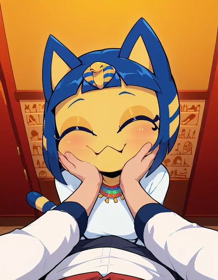 (Masterpiece:1.0), (High Detailed Skin:1.0), (High Detailed Eyes:1.0), (High Quality:1.0), (Detailed Background:1.2), score_9, score_8_up, score_8, source_anime, volumetric lighting, BREAK,1girl, 1boy, ankha (animal crossing), happy, closed eyes, white shirt, cheek squash, hands on another's face, hands on another's cheeks, solo focus, pov hands, pale hands, male hands, from above, indoors, house interior,<lora:Styles\NoctFlatStyleV2.safetensors:1.0:1.0> <lora:Detailers\WowifierXL-V2.safetensors:0.7000000000000001:0.7000000000000001> <lora:Characters\princess_xl_v2.safetensors:0.9:0.9> <lora:Detailers\hand 4.safetensors:1.0:1.0> <lora:Characters\Ankha_pXL_E3R16.safetensors:1:1> <lora:Poses\POVCheekSquash_XLPD.safetensors:1:1>,