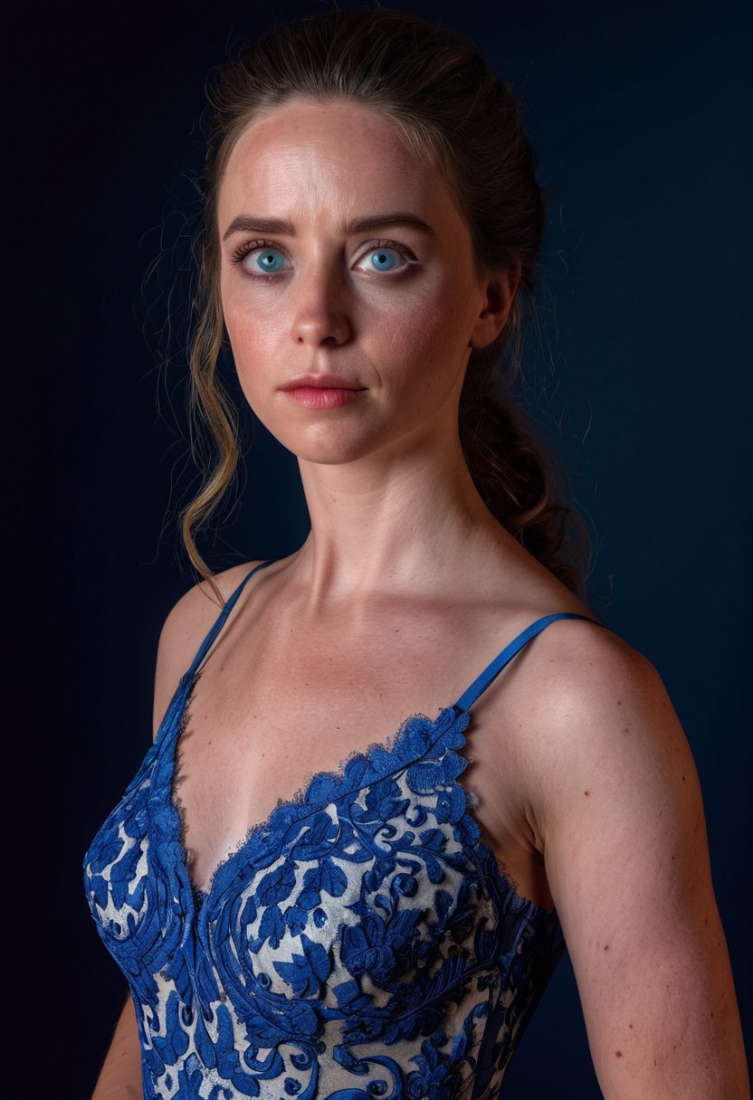 8k, RAW photo, highest quality), beautiful (white skin woman),    ,dress  blue , (detailed eyes:0., (looking at the camera:1.4), (high-resolution image), (best shadow) , skin textures, intricate details,,   posing in photo studio