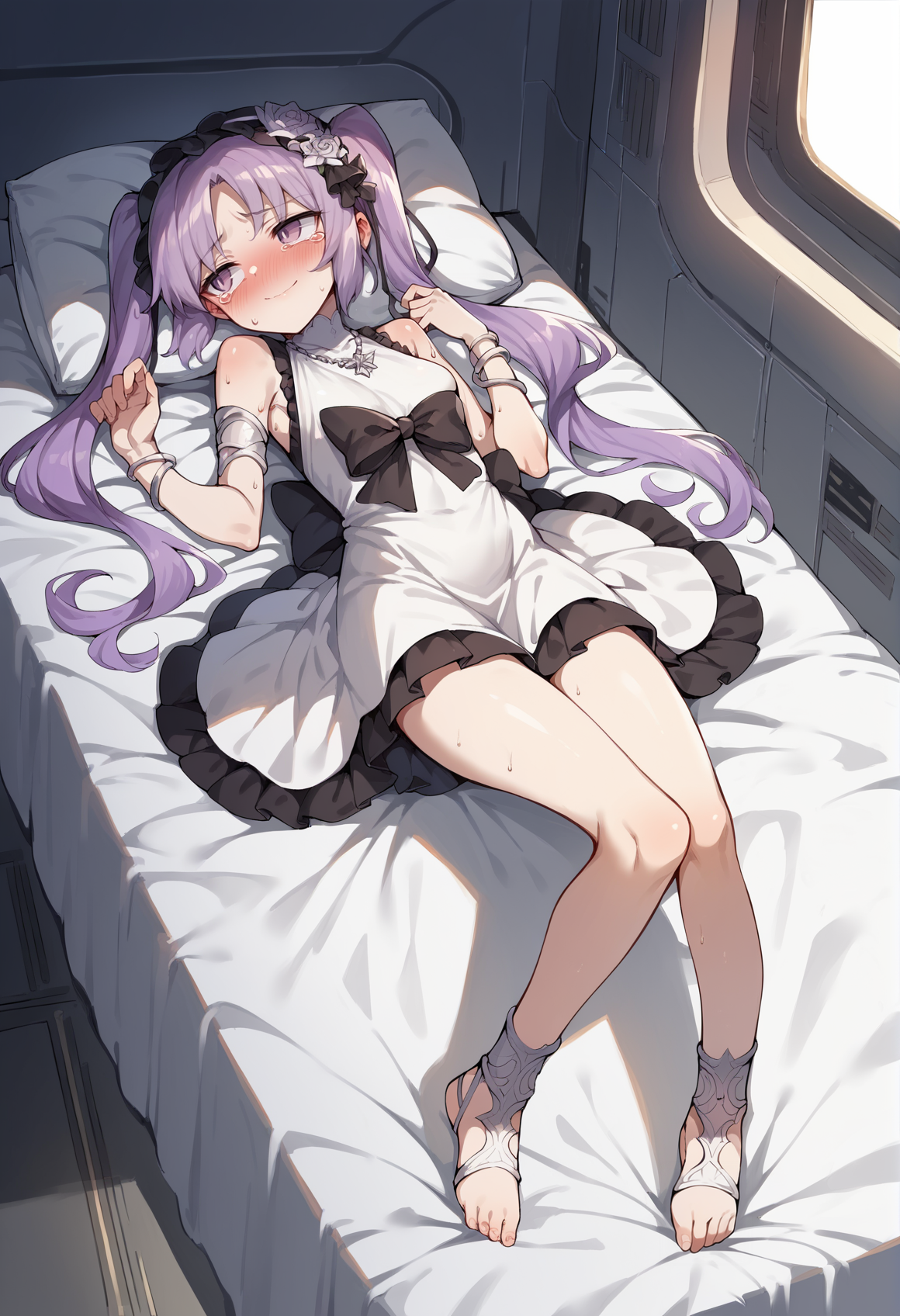 1girl, small breasts, twintails, long hair, purple hair, purple eyes, black headdress, white hair flower, short dress, necklace, jewelry, black flower, ribbon, laying, on back, tears, blushing, nervous smile, looking to the side, sweat, full body, indoors, spacecraft interior, bed, plant, white wall  <lora:Gorgons_XL:1>, score_9, score_8_up, score_7_up, score_6_up, score_5_up, score_4_up, (m-da s-tarou:0), masterpiece