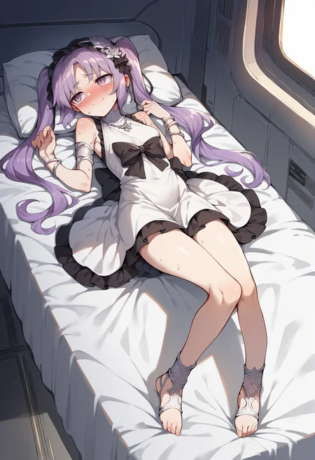 1girl, small breasts, twintails, long hair, purple hair, purple eyes, black headdress, white hair flower, short dress, necklace, jewelry, black flower, ribbon, laying, on back, tears, blushing, nervous smile, looking to the side, sweat, full body, indoors, spacecraft interior, bed, plant, white wall <lora:Gorgons_XL:1>, score_9, score_8_up, score_7_up, score_6_up, score_5_up, score_4_up, (m-da s-tarou:0), masterpiece