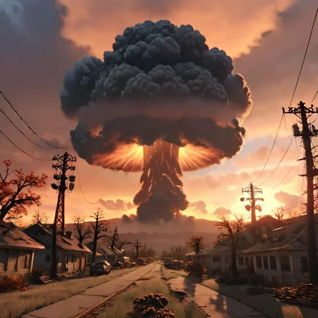 masterpiece,absurd resolution,8k,
fallout,nuke,explosion,mushroom cloud,outdoors,sky,cloud,tree,no humans,cloudy sky,scenery,sunset,power lines,landscape
,  <lora:fallout_xl:1>