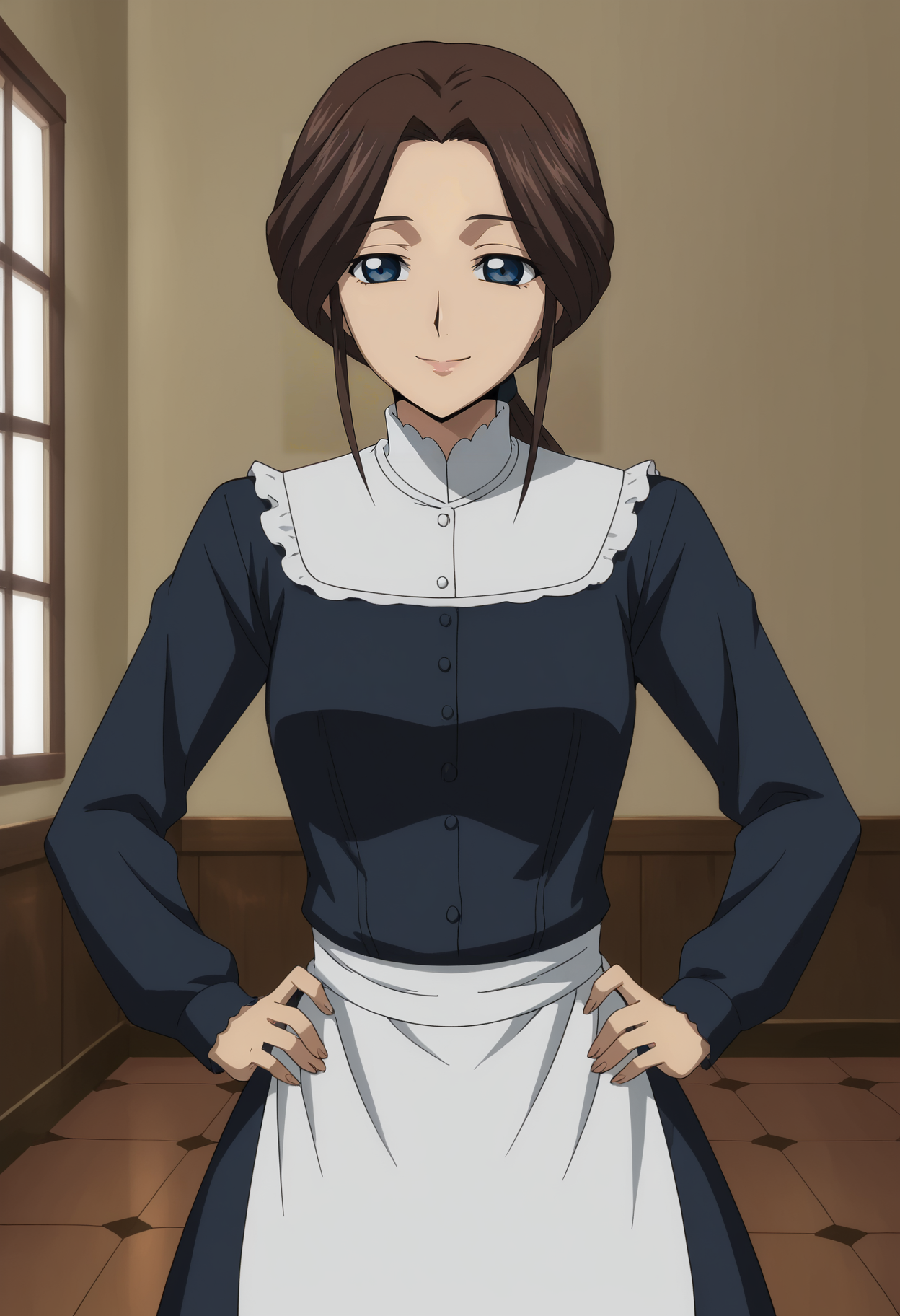 <lora:Kallens_Mother-Code_Geass:0.75>,km,mature famale,1girl,solo,brown hair,blue eyes,long hair,ponytail,maid,dress,long sleeves,apron,cowboy shot,hands on own hips,looking at viewer,indoors,smile