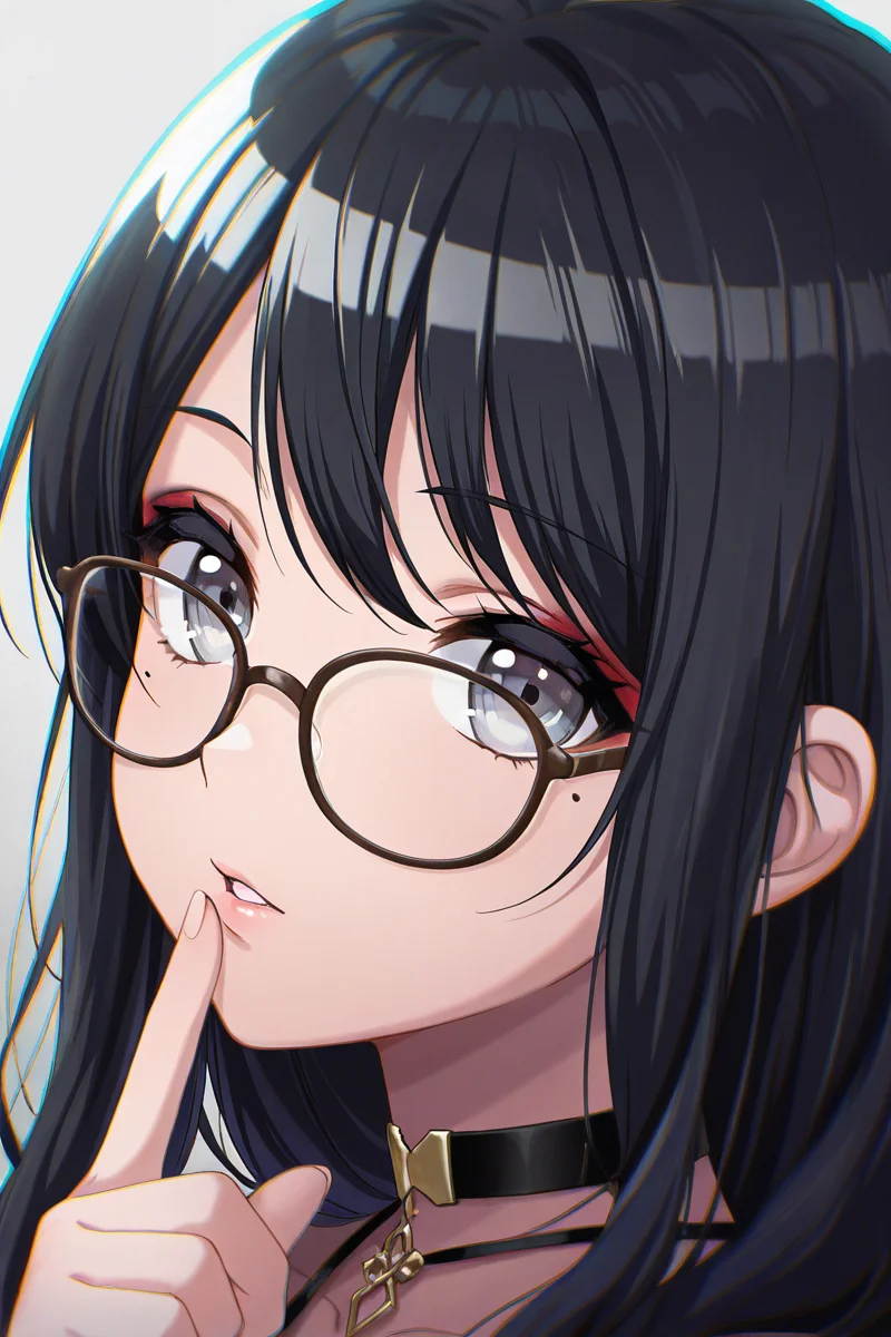 masterpiece, best quality, amazing quality,
<lora:Toka_IL:1> toka, 1girl, solo, black hair, mole, portrait, long hair, bangs, mole under eye, parted lips, chromatic aberration, choker, glasses, makeup, finger to lips, grey eyes, looking at viewer