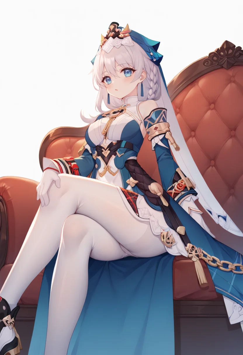 score_9,score_8_up,score_7_up,score_6_up,
<lora:Honkai3_DLS_pony:1>,Honkai_TA,white hair,looking at viewer,bangs,blue eyes,closed mouth,white gloves,smile,sitting,red sofa,braid,blue dress,detached sleeves,white veil,chain,simple background,white background,from_below,upper_body,arm on knee,white_pantyhose,