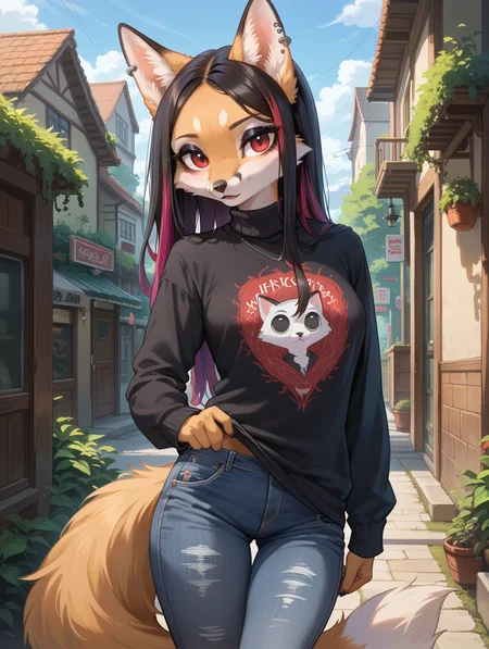 score_9, score_8_up, score_7_up,source_anime,
anthro, furry, female, detailed textured fur, fur tufts, fluffy, slim, slender, cute, small, detailed sexy eyes, solo, SFW, fox, sweater, baggy denim jeans, long hair, multicolored hair, streaked hair, absurdres, highres, goth, heavy eyeliner, heavy eye shadow, breasts,