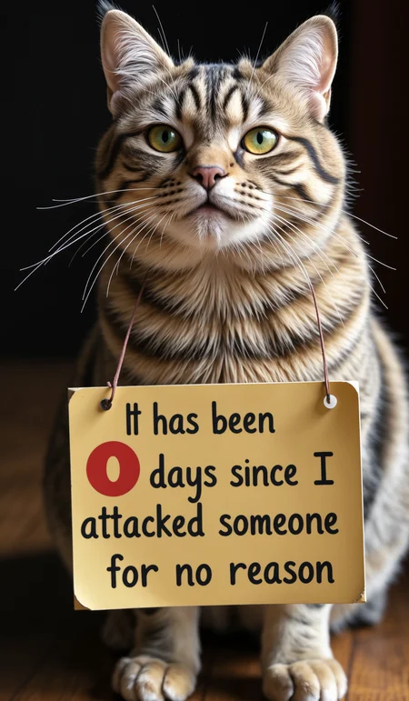 a housecat with a sign hanging around it's neck that says:
"It has been 0 days since I attacked someone for no reason".
The "0" is in red and underlined in black.
very smug cat expression.