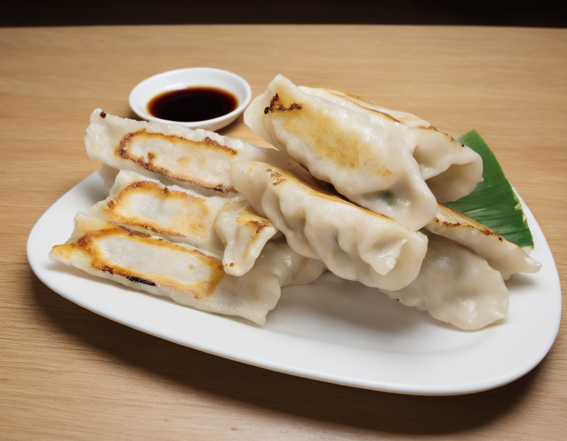 A delectable presentation of gote (dumplings) beautifully arranged on a plate. The gote are golden brown, freshly cooked with visible pleats, and garnished with herbs or a dipping sauce. The plate is set on a table with elegant tableware, perhaps with chopsticks or a traditional serving spoon. The scene should be as vivid and appetizing as a high-resolution photograph in a gourmet magazine, with warm and inviting lighting that emphasizes the texture and color of the gote , the shine of the sauce, and the elegance of the presentation, <lora:GT:0.75>,