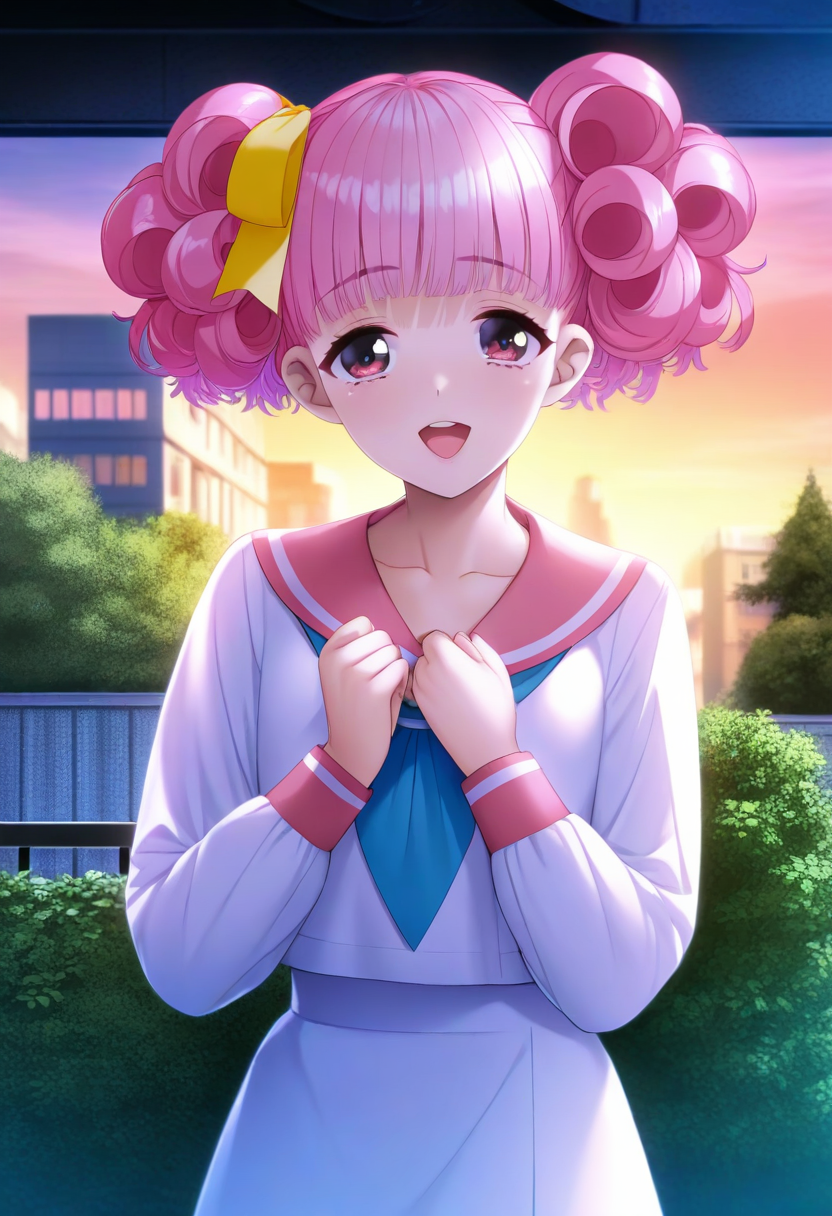 masterpiece,best quality,amazing quality,very aesthetic,absurdres,newest,scenery,<lora:Suzuki Miho_doukyuusei re_ilxl_v1-000009:1> ,1girl, solo, pink hair, school uniform, open mouth, serafuku, twintails, bow, smile, hair bow, pink sailor collar, looking at viewer, upper body, hands on own chest, ribbon, suzuki miho\(doukyuusei re\)