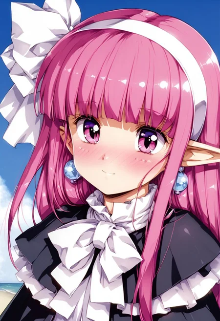 1girl,
score_9, score_8_up, score_7_up, score_6_up, source_anime,
BREAK,
(blush:1.8),kind smile,
BREAK,
outdoor,day,sunshine,
BREAK,
long sleeve,black long dress,Slit in the center dress,pink hair,pink eyes,capelet,black Long boots,blunt bangs,long dress,earrings,white hair ribbon,white hairband,pointy ears,ribbon,close-up full body,
<lora:Urushihara Satoshi_XL_PONY_V2:0.9>,