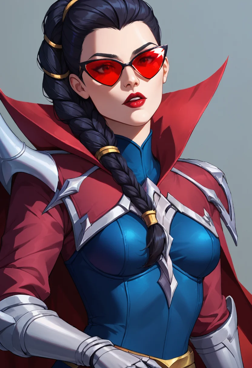 masterpiece,best quality, highly detailed, score_9, score_8_up, score_7_up, score_6_up,<lora:xl_more_art-full_v1:0.8>,source_anime,
BREAK
<lora:vayneXL:0.8>vayne, 1girl, solo, red-tinted eyewear, cape, tinted eyewear, red cape, long hair, black hair, upper body, simple background, breasts, red lips, holding, sunglasses, braid, weapon, parted lips, gauntlets, medium breasts,caste