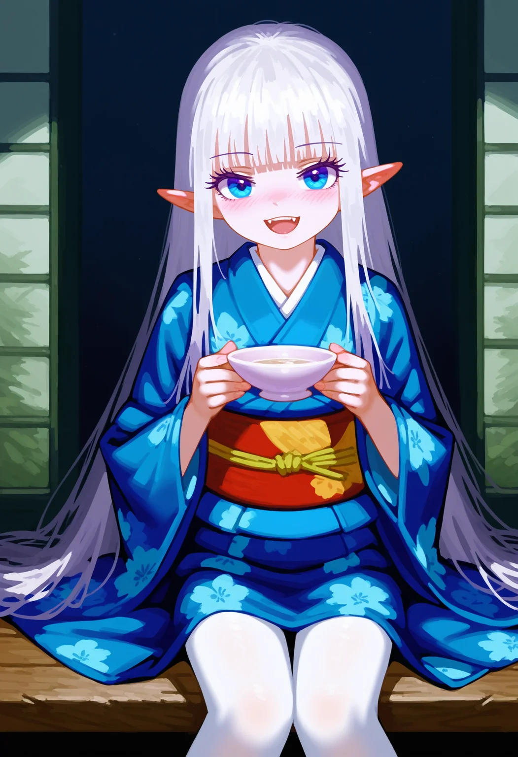 fltccktl, 1girl, solo, long hair, looking at viewer, blush, smile, open mouth, blue eyes, long sleeves, holding, very long hair, sitting, white hair, :d, japanese clothes, pointy ears, blunt bangs, kimono, cup, sash, fangs, floral print, obi, holding cup, white pantyhose, blue kimono
<lora:ai_styles_collection_pony_v1:1>