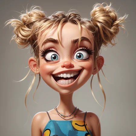 a cartoon character with big eyes and a messy hairdoodle bun with a goofy crooked smile on her face, Anton Graff, trending on art station, a digital painting, photorealism, subsurface scattering, Photorealistic, Hyperrealistic, analog style, realistic, film photography, soft lighting, heavy shadow