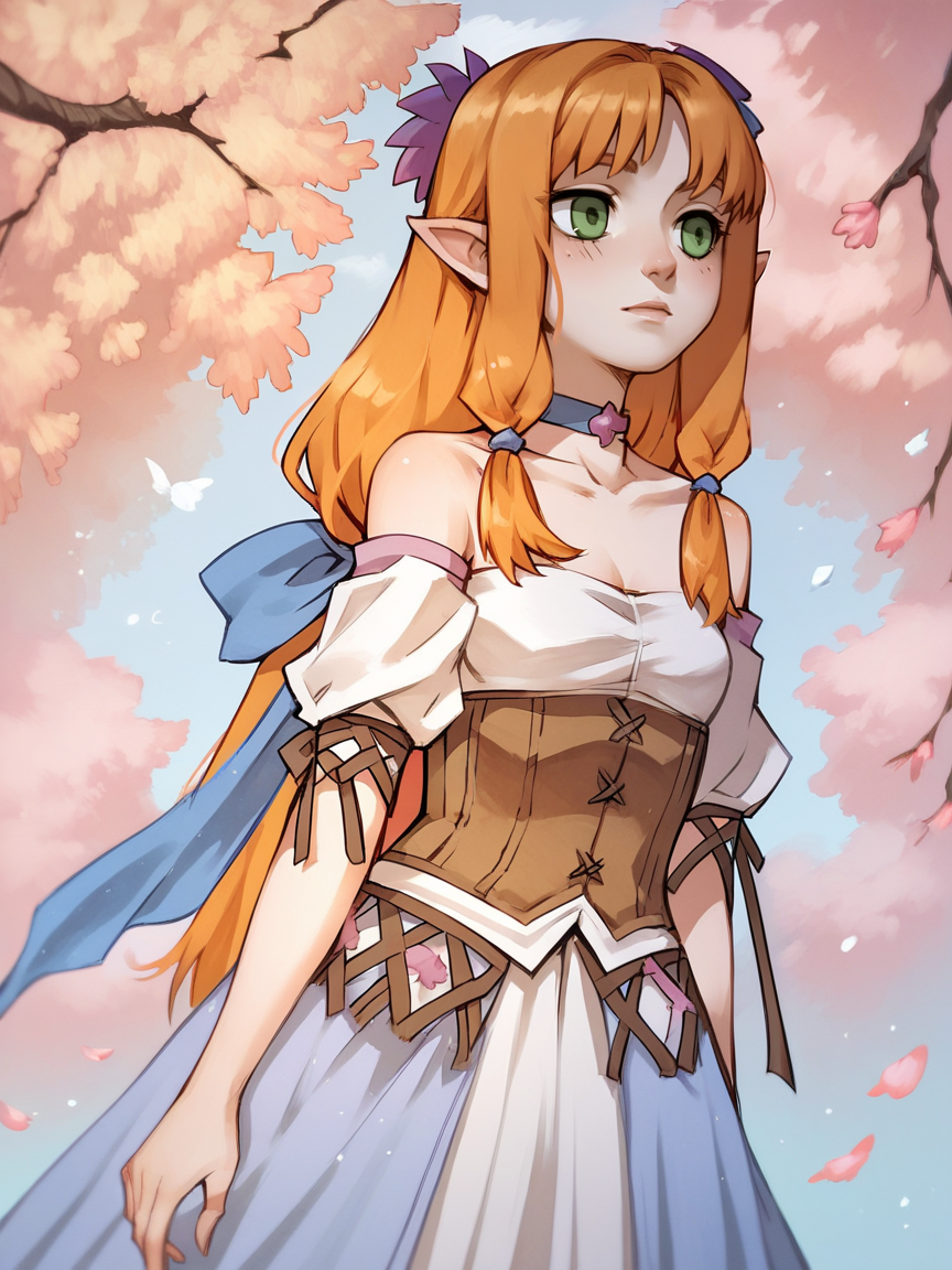 score_9, score_8_up, score_7_up, score_6_up, score_5_up,   <lora:ceciliaXLP:1> cecilia, green eyes, pointy ears, 1girl, solo, long hair, orange hair, corset, bare shoulders, choker, dress