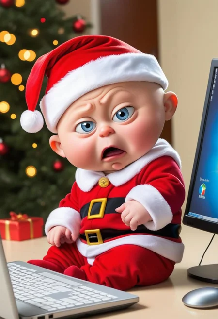 Stewie Griffin Evil Baby from the Family Guy, wearing Santa Hat, hacking on computer