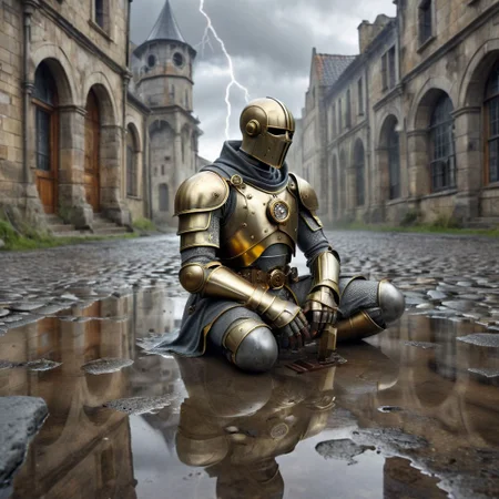 Masterpiece, DonMSt34mPXL, Realistic Lightning, Cinematic Lightning, Dark Lightning, Rain, Puddle, Clouded Sky, medieval, fantasy, pedestrians, Cape, Reflection.
((((broken, sitting, brass Clockwork Soldier, with human like face and holding a broken sword) leaning against (abandoned gray stone building))) in a (medieval city)). Highly detailed clockwork soldier. (Unfocused medieval pedestrians in background). fandist background.