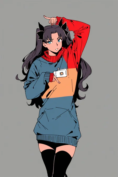 score_9, score_8_up, score_7_up, tohsaka rin fate \(series\), black hair, black thighhighs, blue eyes, hair ribbon, long hair, red sweater, ribbon, sweater, thighhighs, two side up, zettai ryouiki, solo, solo focus, portrait, grey background, Standing with one arm raised, pointing upwards, <lora:choo:1>