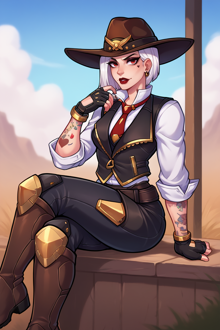 score_9, score_8_up, score_7_up, BREAK,  <lora:adjatha-guy-v1PONY:1>, 1girl, solo,  <lora:asheow-guy-PONYv1:0.95> asheow, makeup, lipstick, tattoo , hat, necktie, cowboy hat, white shirt, jewelry, earrings, black vest, fingerless gloves, black pants, belt, boots, crossed legs, sitting,